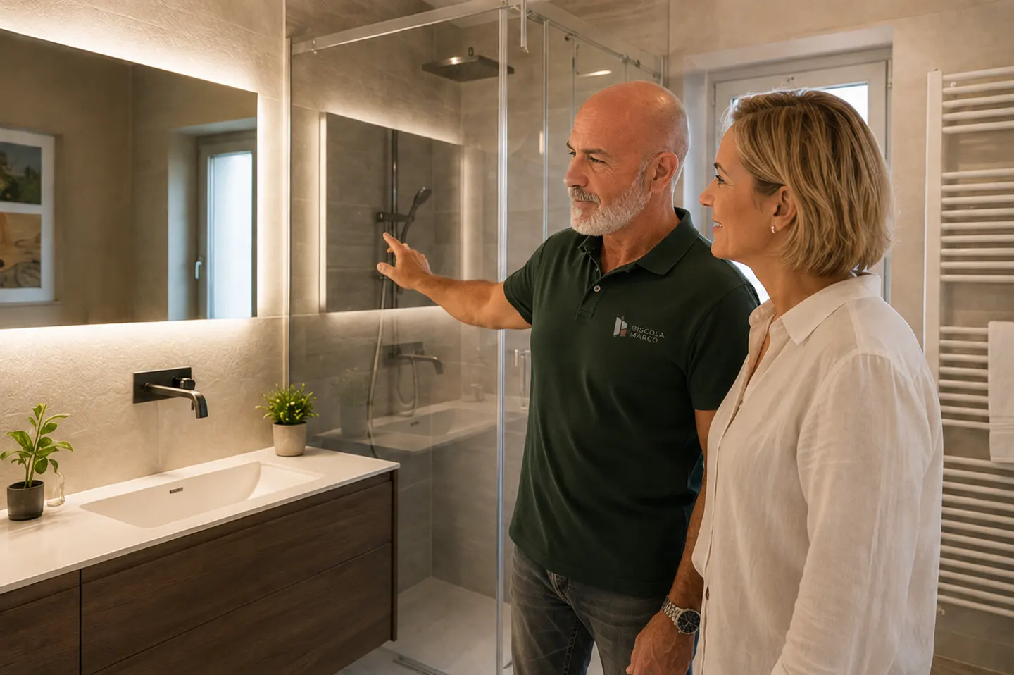 Marco illustra una soluzione a una cliente in un bagno