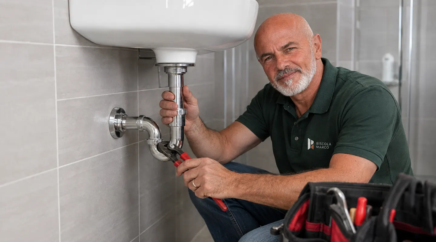 Marco durante un intervento idraulico sotto un lavabo
