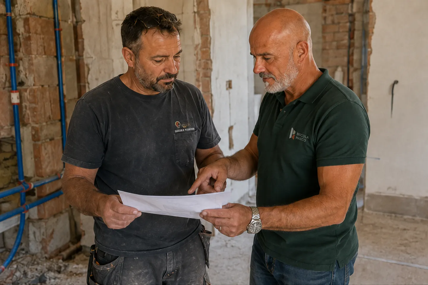 Marco esamina il progetto con i clienti durante una ristrutturazione