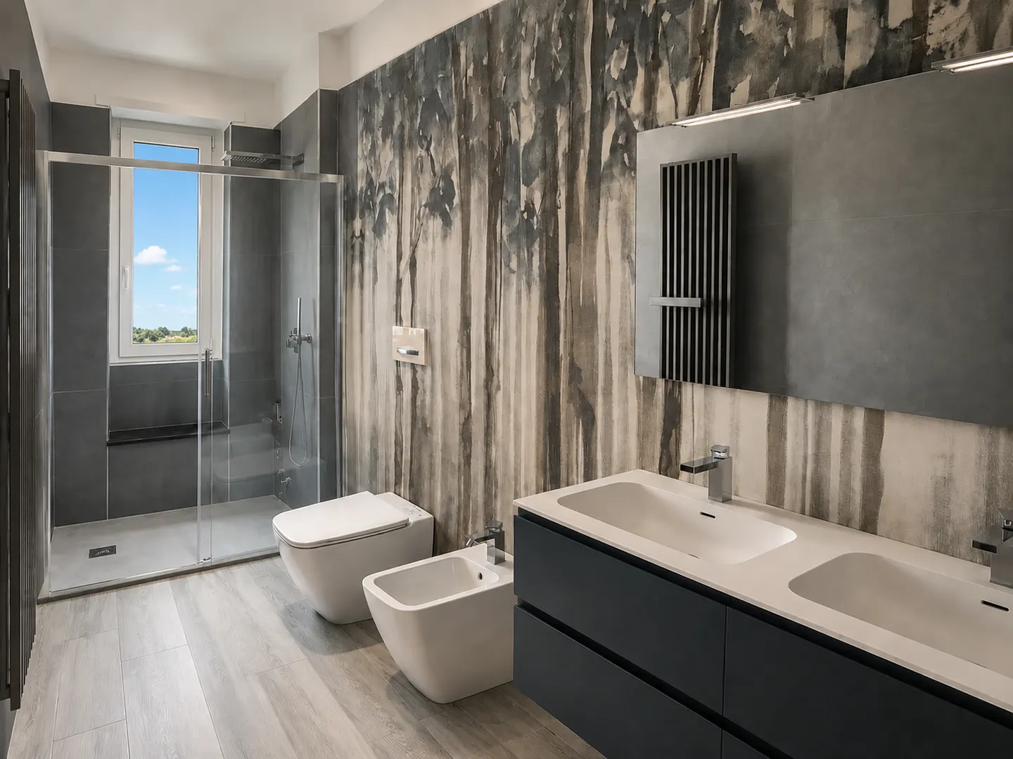 Bagno grafite completato con doccia, sanitari e doppio lavabo