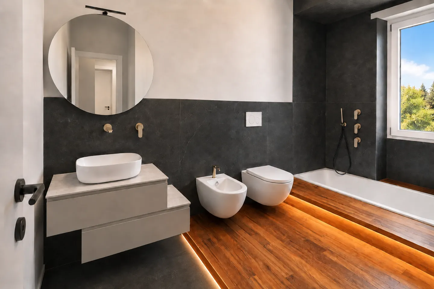 Bagno grafite completato con pedana in legno illuminata