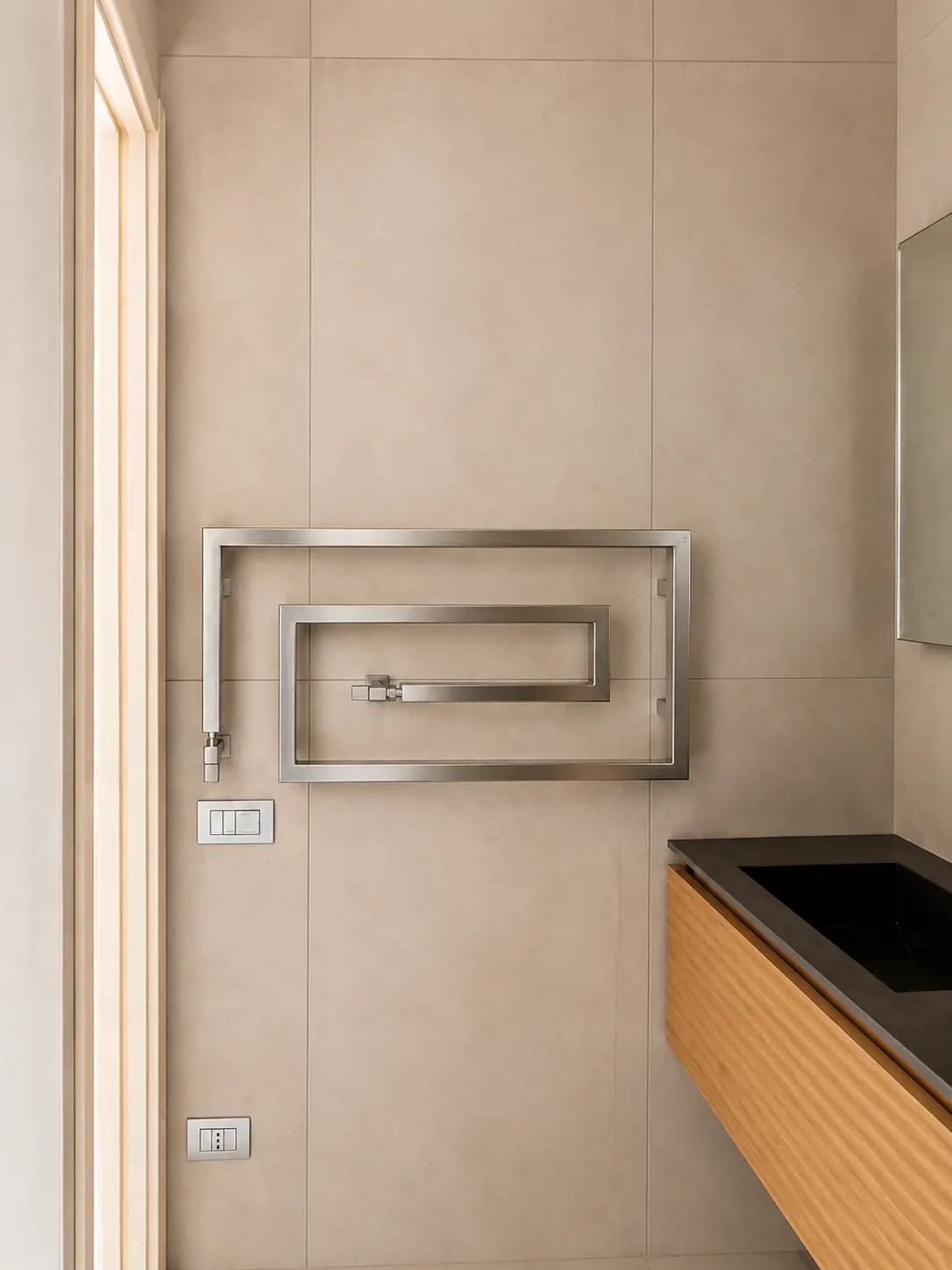 Scaldasalviette e dettaglio del mobile in rovere